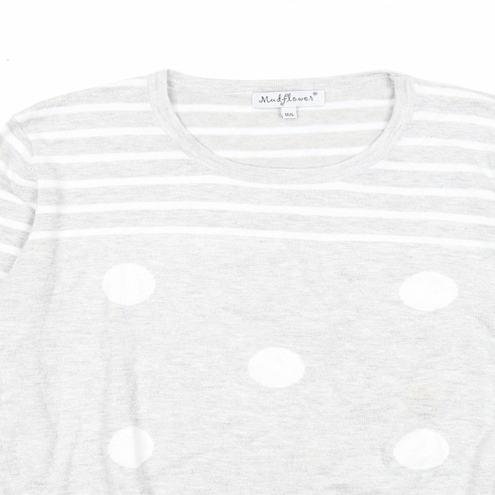 Mudflower Womens Grey Scoop Neck Striped Viscose Pullover Jumper Size M