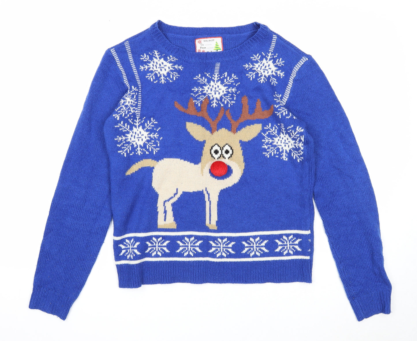 Select Womens Blue Round Neck Acrylic Pullover Jumper Size 8 - Christmas Reindeer