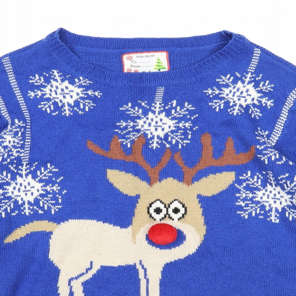 Select Womens Blue Round Neck Acrylic Pullover Jumper Size 8 - Christmas Reindeer