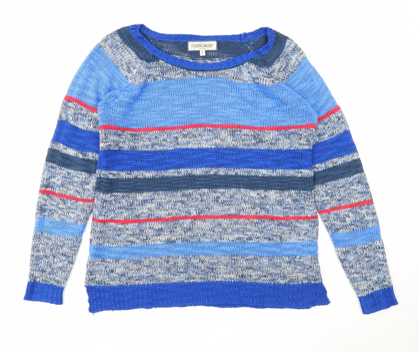 Cherokee Mens Blue Round Neck Striped Acrylic Pullover Jumper Size S Long Sleeve