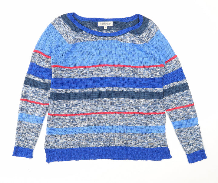 Cherokee Mens Blue Round Neck Striped Acrylic Pullover Jumper Size S Long Sleeve