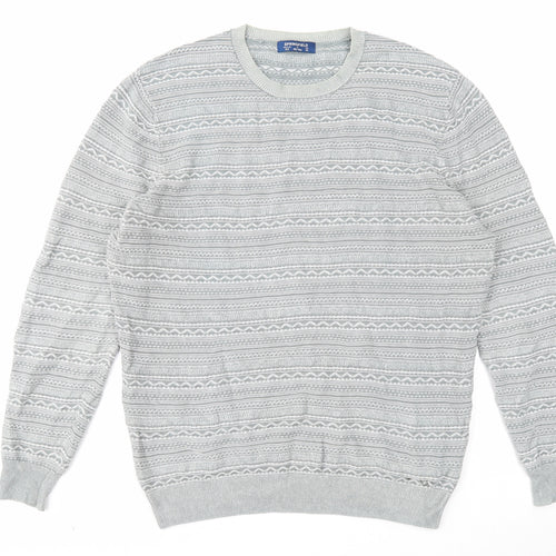 Springfield Mens Grey Round Neck Fair Isle Cotton Pullover Jumper Size XL Long Sleeve
