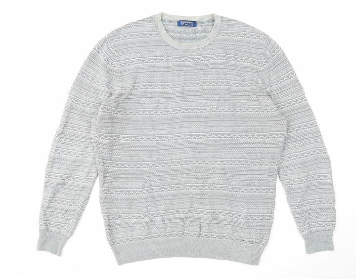 Springfield Mens Grey Round Neck Fair Isle Cotton Pullover Jumper Size XL Long Sleeve