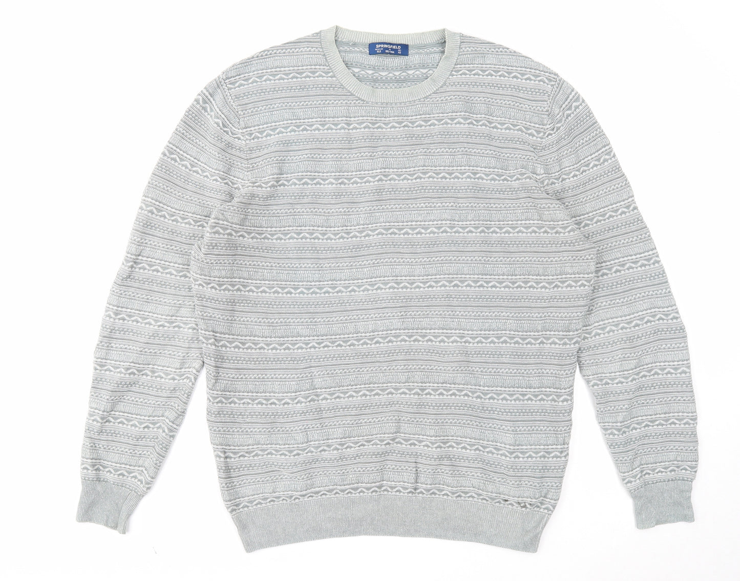 Springfield Mens Grey Round Neck Fair Isle Cotton Pullover Jumper Size XL Long Sleeve