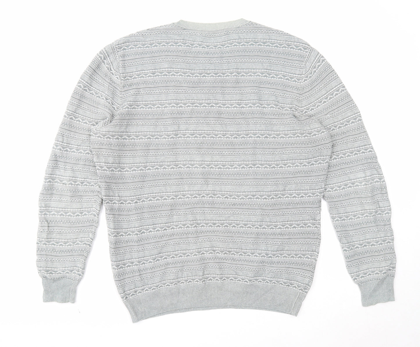 Springfield Mens Grey Round Neck Fair Isle Cotton Pullover Jumper Size XL Long Sleeve