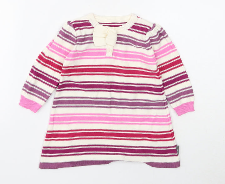 Nutmeg Girls White Striped Cotton Jumper Dress Size 6-9 Months Round Neck Pullover