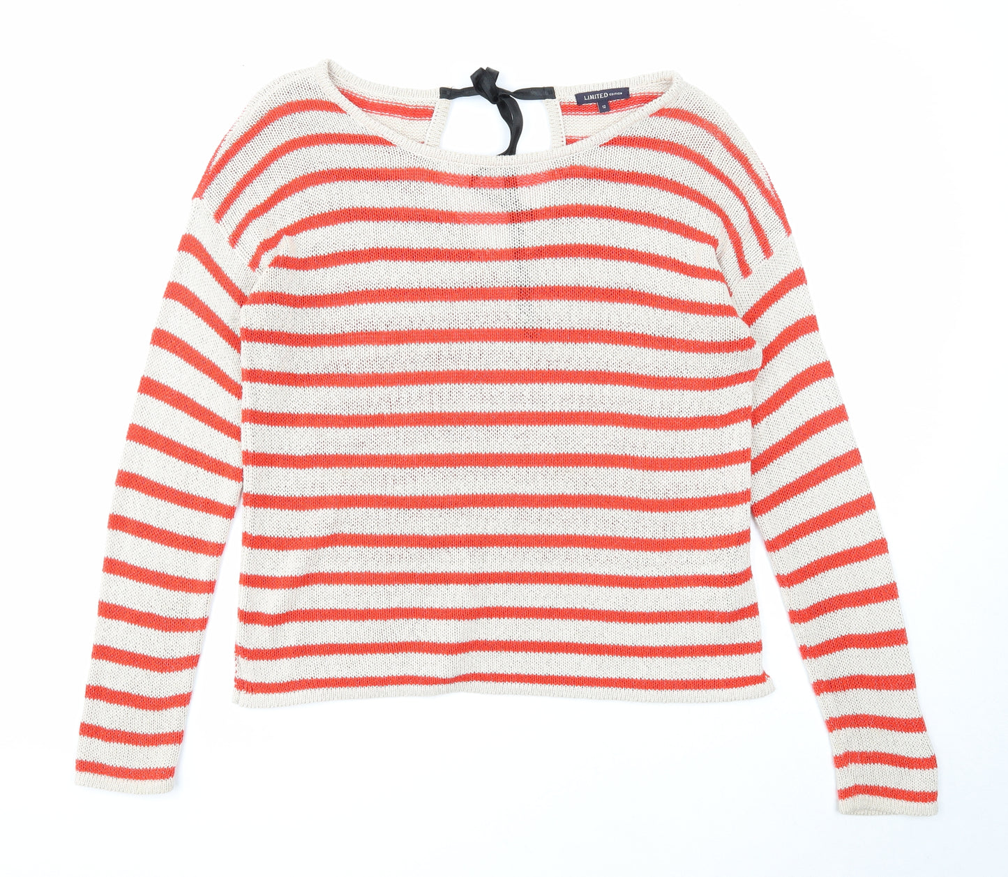 Marks and Spencer Womens Beige Round Neck Striped Acrylic Pullover Jumper Size 12