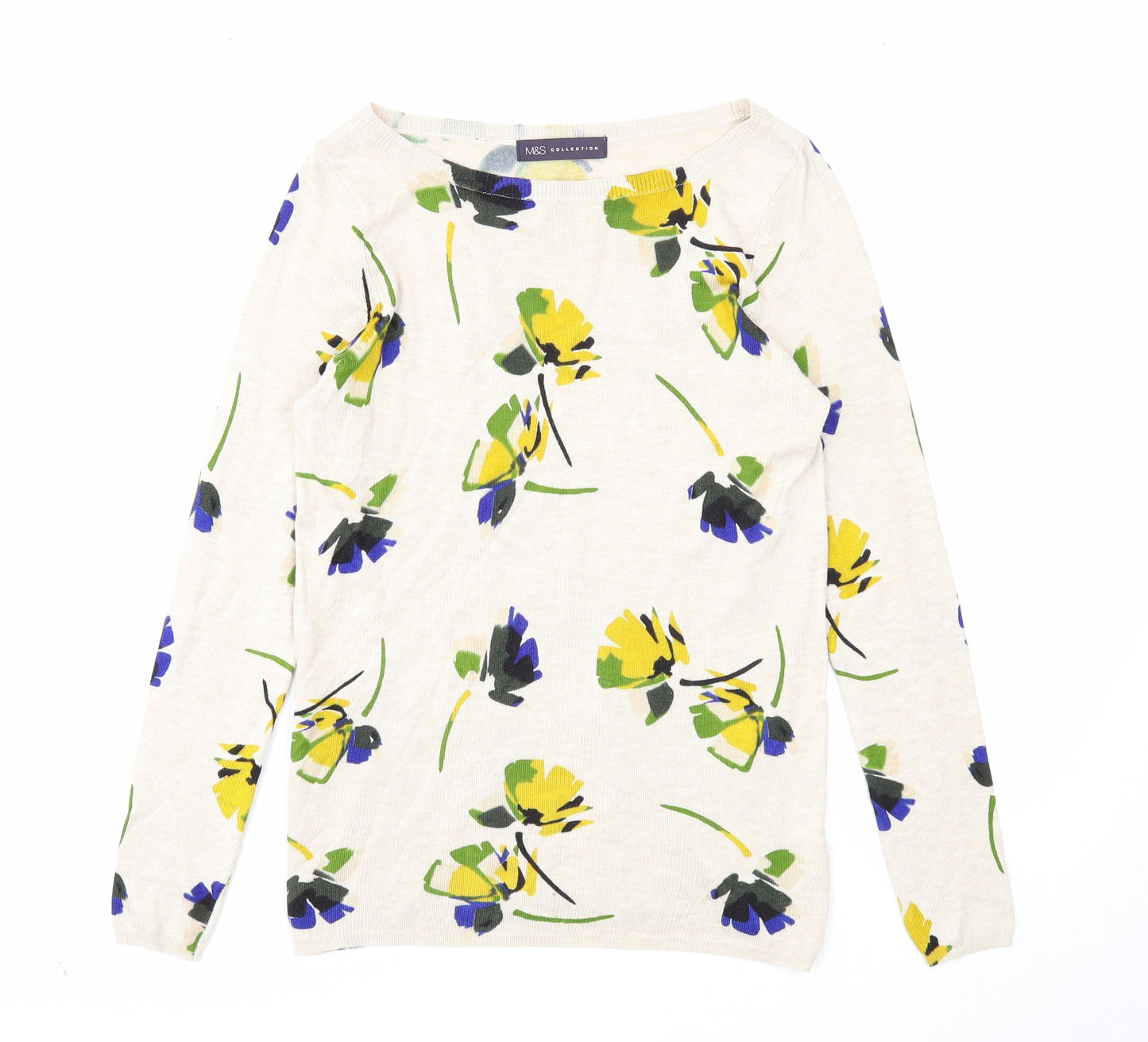 Marks and Spencer Womens Beige Round Neck Floral Viscose Pullover Jumper Size 12