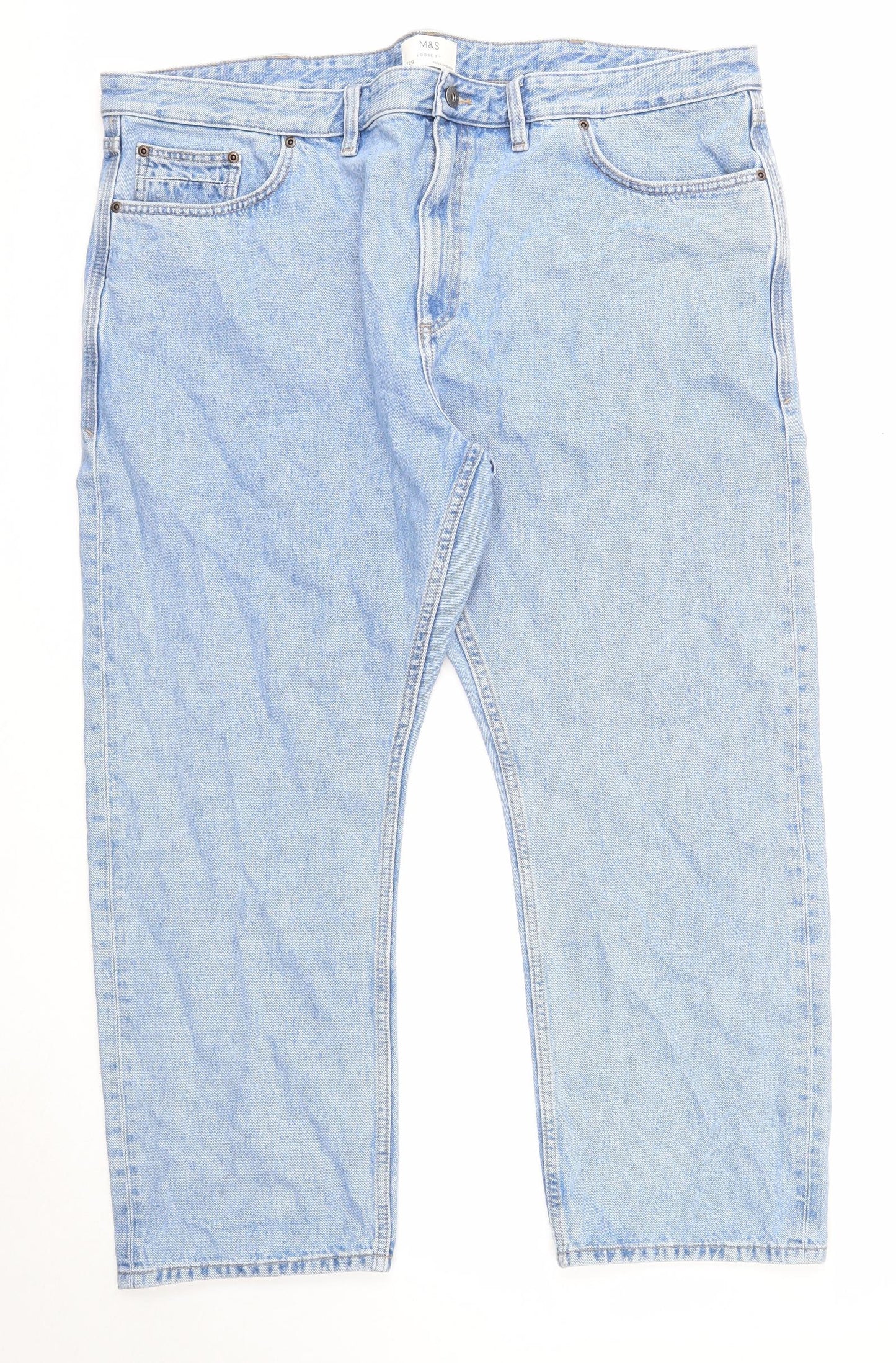 Marks and Spencer Mens Blue Cotton Straight Jeans Size 44 in L29 in Regular Zip - Loose Fit