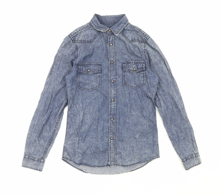 Topman Mens Blue Cotton Button-Up Size S V-Neck Snap