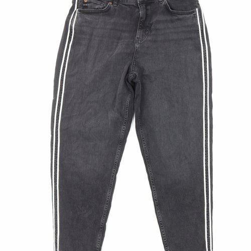 Marks and Spencer Womens Black Herringbone Cotton Straight Jeans Size 16 Regular Zip - Side Stripe