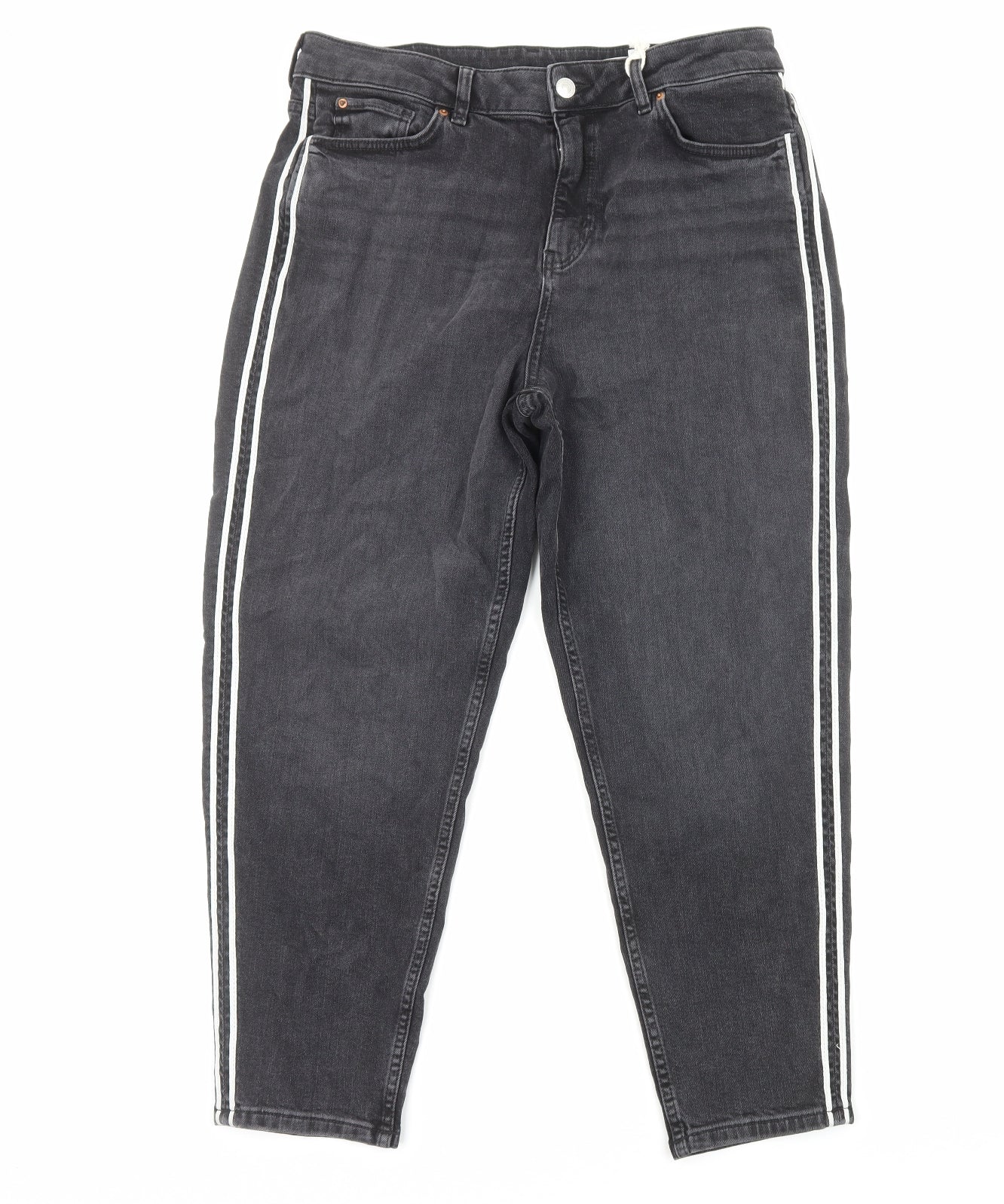 Marks and Spencer Womens Black Herringbone Cotton Straight Jeans Size 16 Regular Zip - Side Stripe