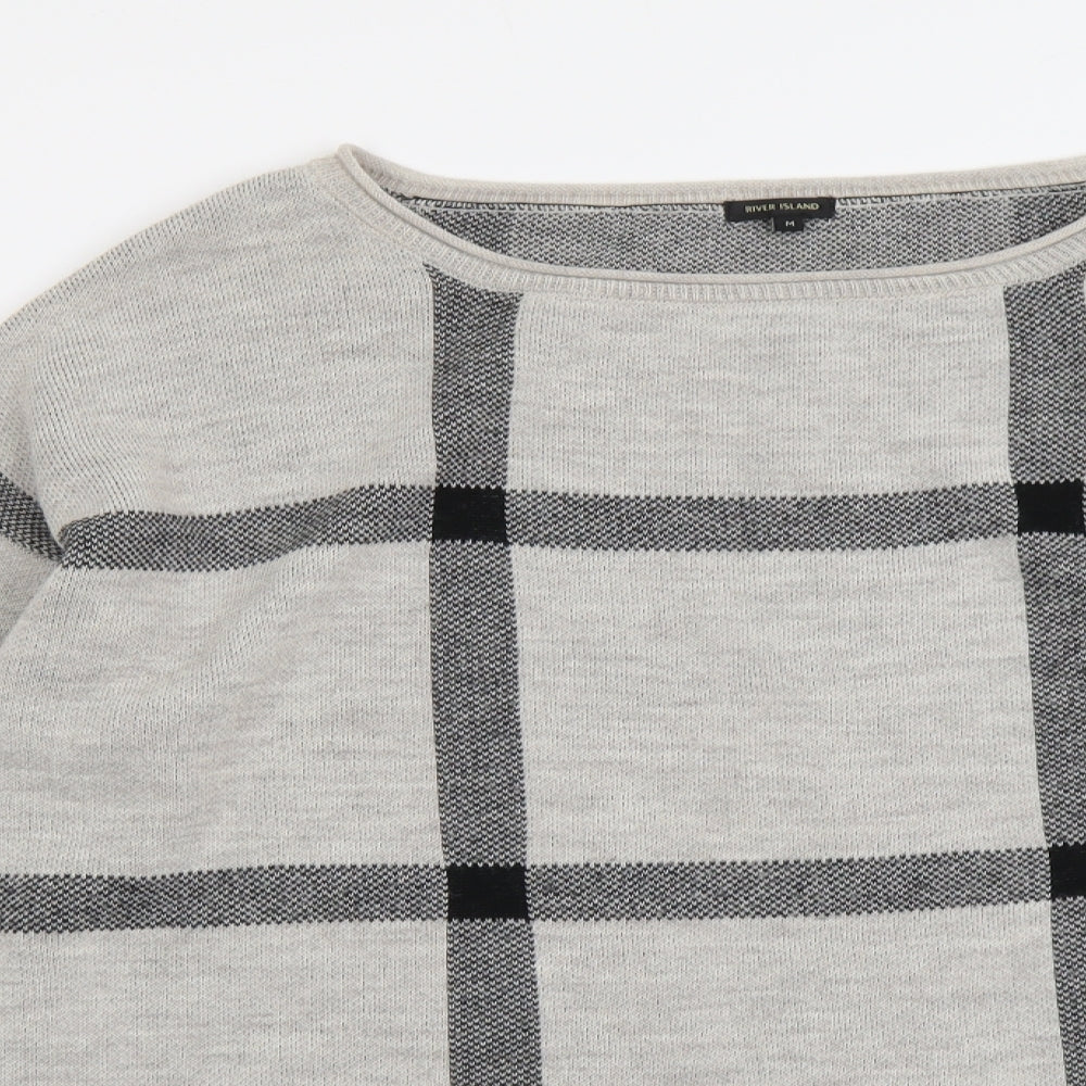River Island Womens Grey Boat Neck Check Acrylic Pullover Jumper Size M