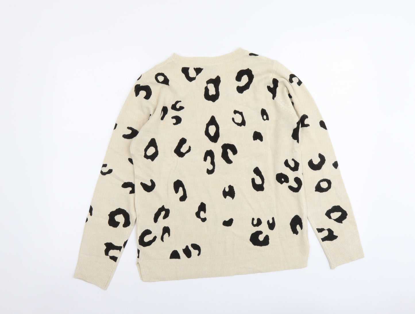 Marks and Spencer Womens Beige Round Neck Animal Print Acrylic Pullover Jumper Size 12
