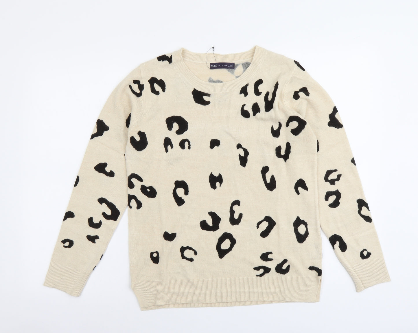 Marks and Spencer Womens Beige Round Neck Animal Print Acrylic Pullover Jumper Size 12 - Leopard print