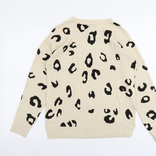 Marks and Spencer Womens Beige Round Neck Animal Print Acrylic Pullover Jumper Size 12 - Leopard print
