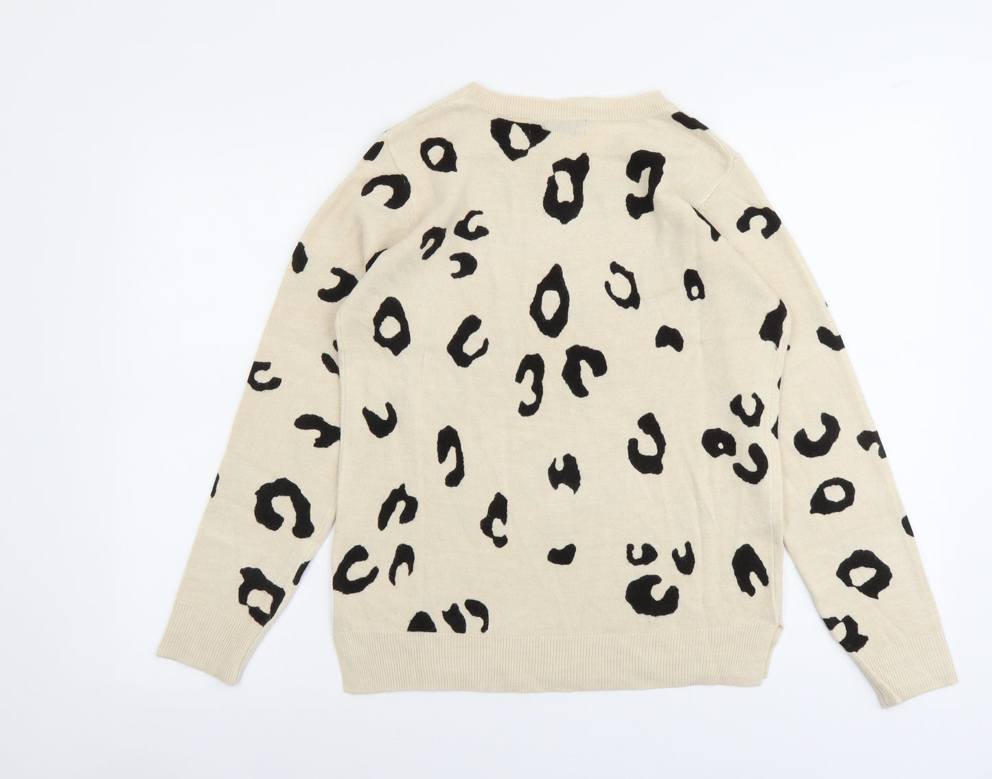 Marks and Spencer Womens Beige Round Neck Animal Print Acrylic Pullover Jumper Size 12 - Leopard print
