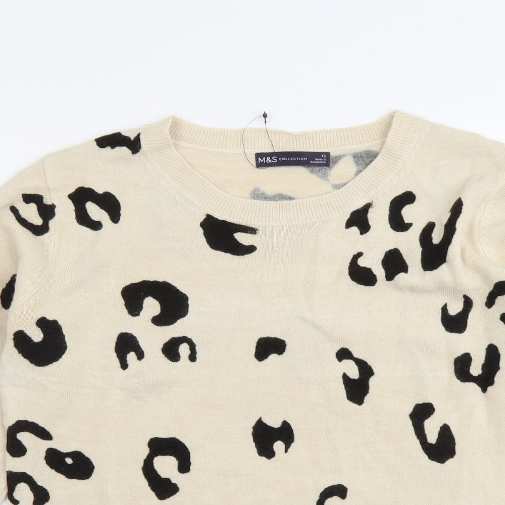 Marks and Spencer Womens Beige Round Neck Animal Print Acrylic Pullover Jumper Size 12 - Leopard print