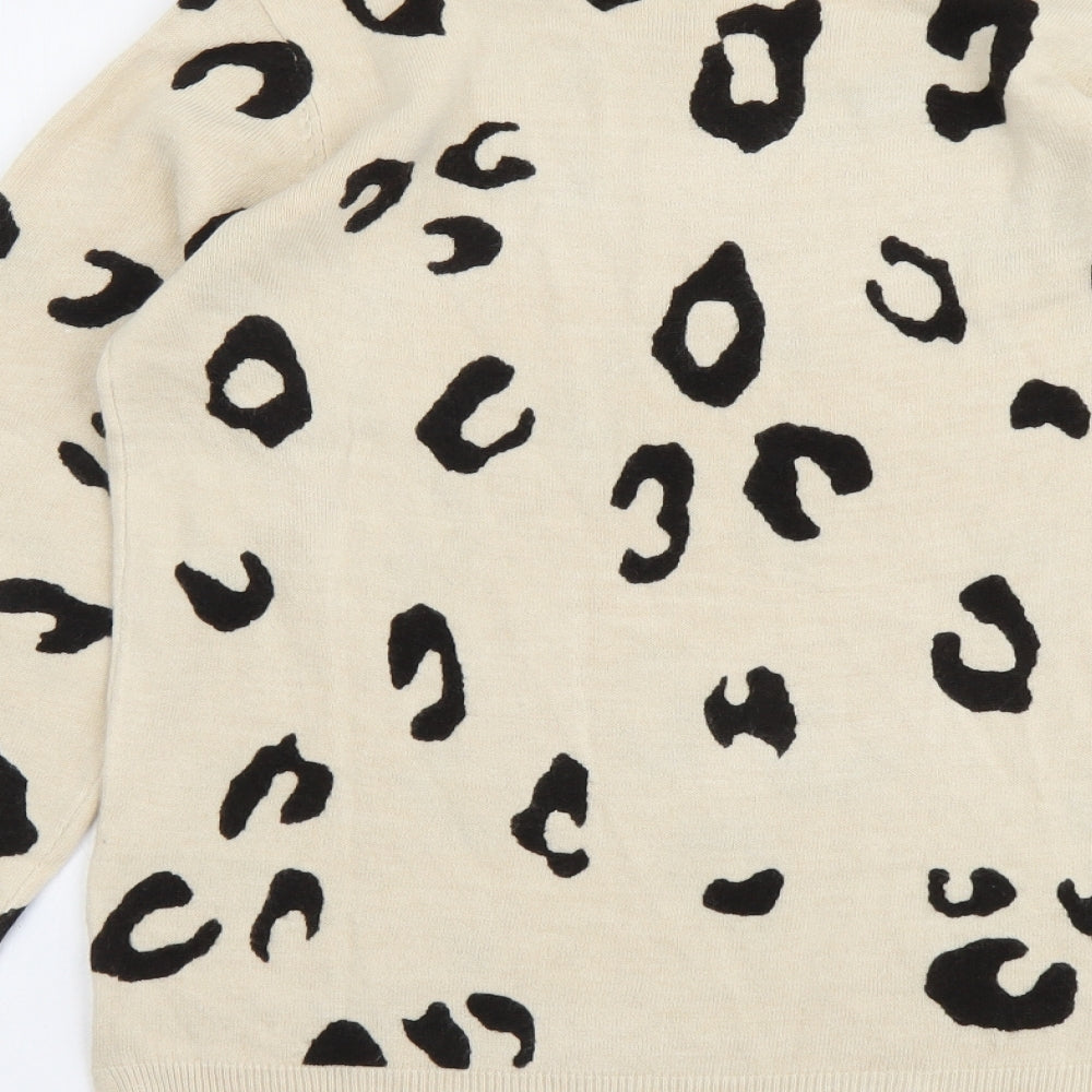 Marks and Spencer Womens Beige Round Neck Animal Print Acrylic Pullover Jumper Size 12 - Leopard print