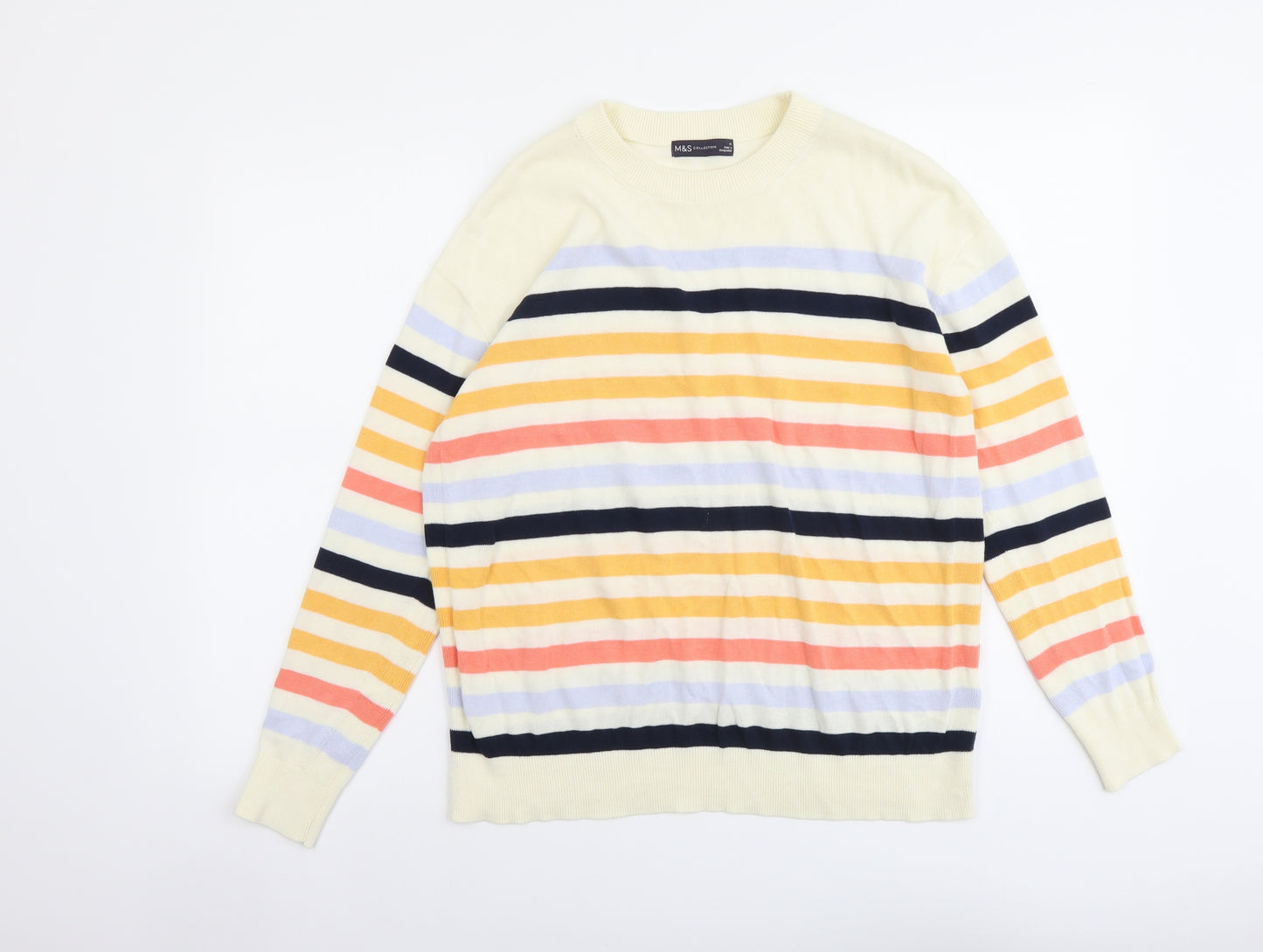 Marks and Spencer Womens Multicoloured Round Neck Striped Cotton Pullover Jumper Size M