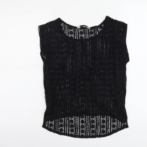 Miss Selfridge Womens Black Geometric Polyester Basic T-Shirt Size 8 Round Neck