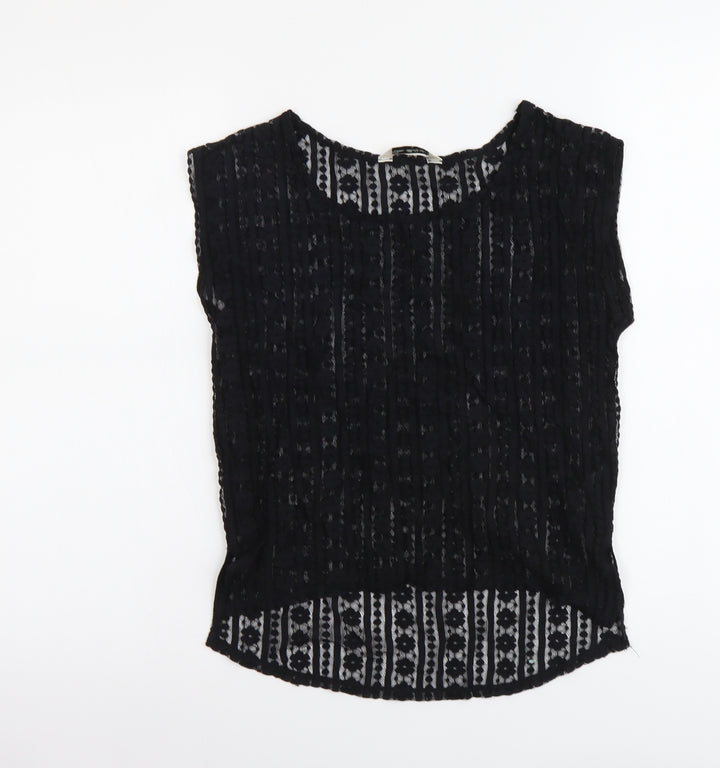 Miss Selfridge Womens Black Geometric Polyester Basic T-Shirt Size 8 Round Neck