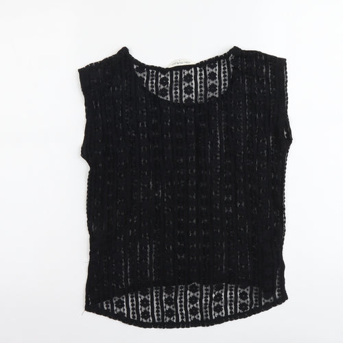Miss Selfridge Womens Black Geometric Polyester Basic T-Shirt Size 8 Round Neck