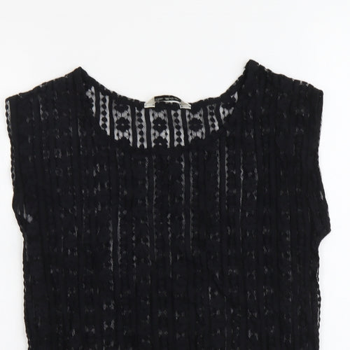 Miss Selfridge Womens Black Geometric Polyester Basic T-Shirt Size 8 Round Neck