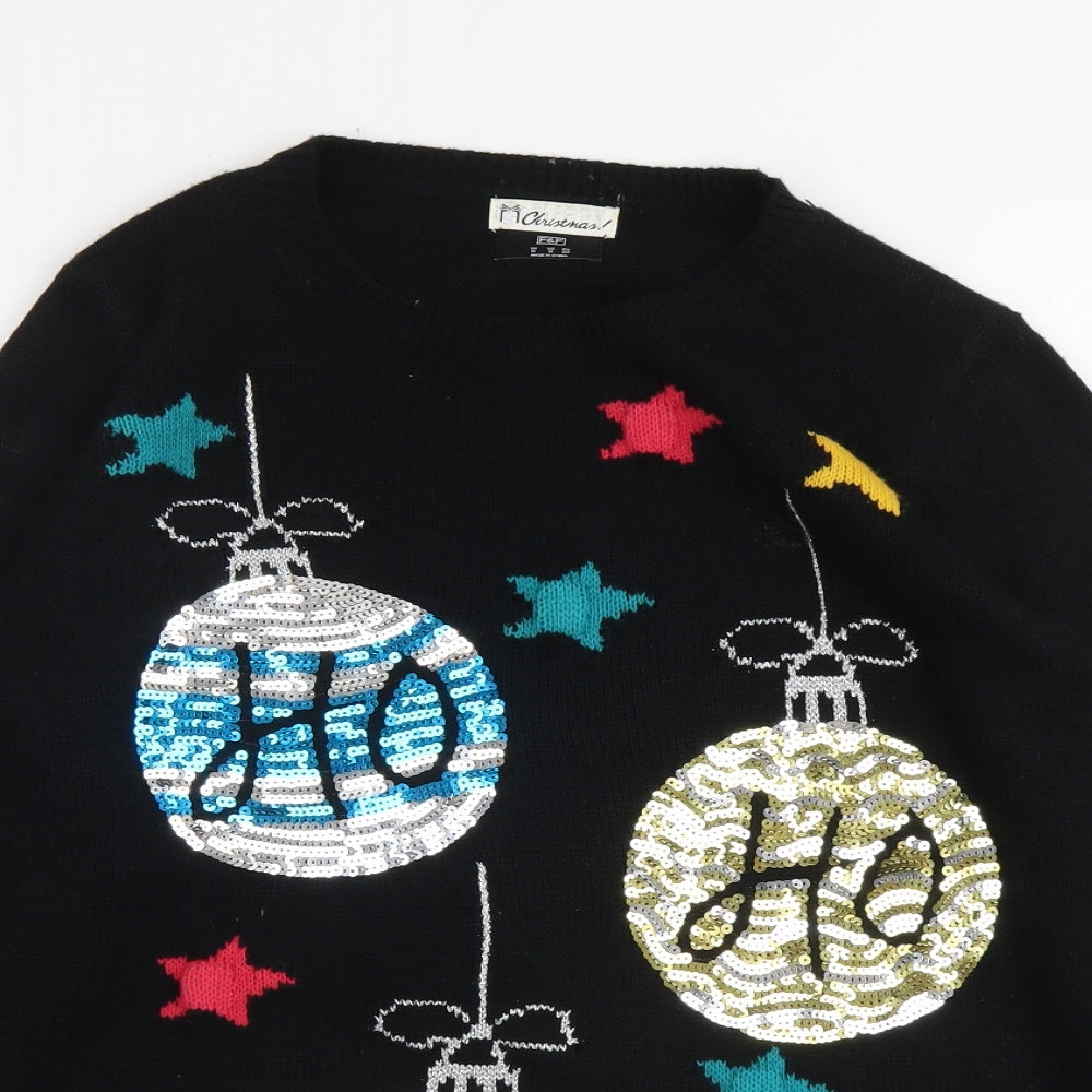 F&F Womens Black Round Neck Acrylic Pullover Jumper Size 12 - Christmas