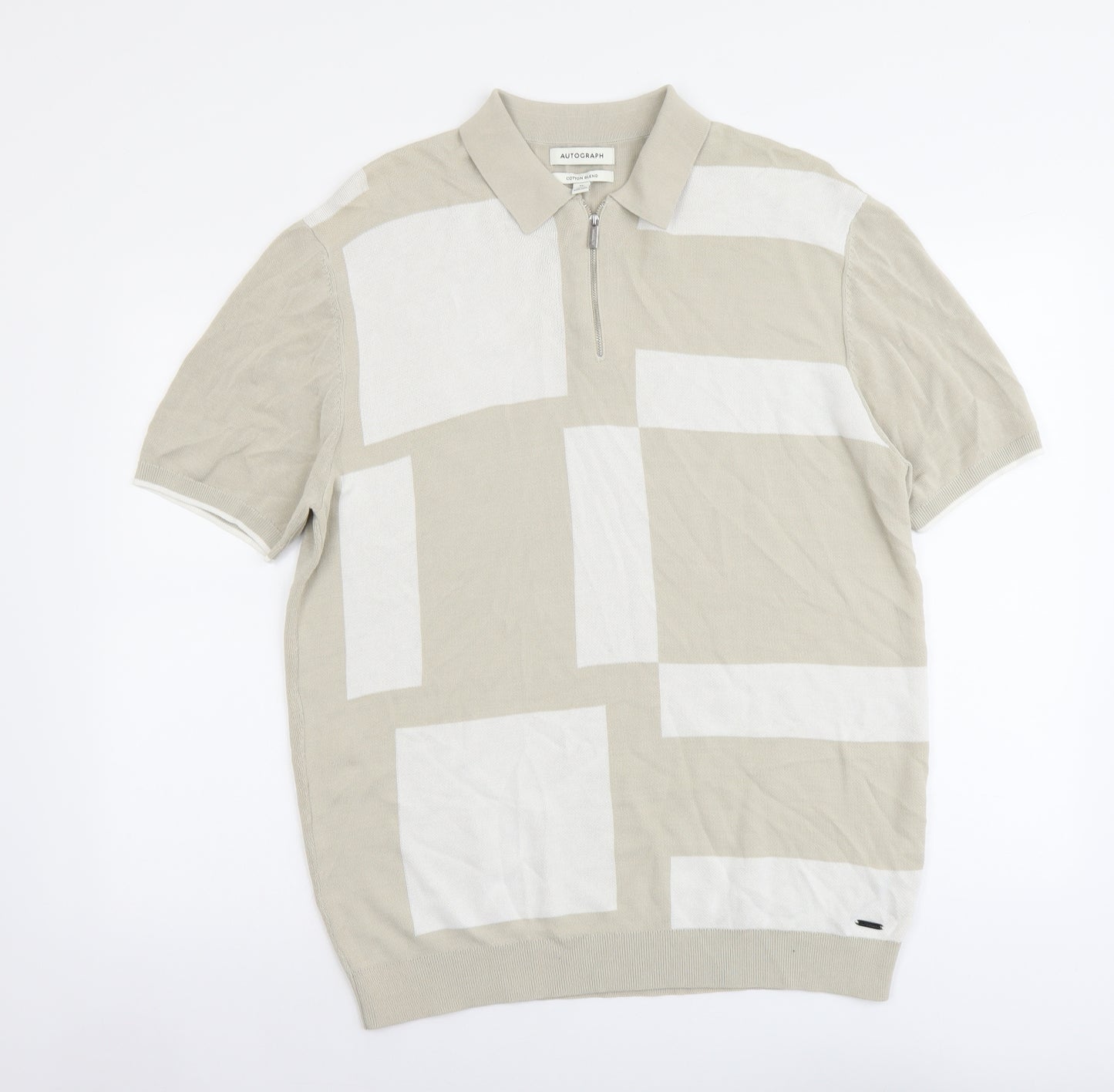 Marks and Spencer Mens Beige Collared Geometric Cotton Pullover Jumper Size XL Short Sleeve