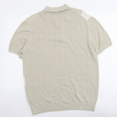 Marks and Spencer Mens Beige Collared Geometric Cotton Pullover Jumper Size XL Short Sleeve