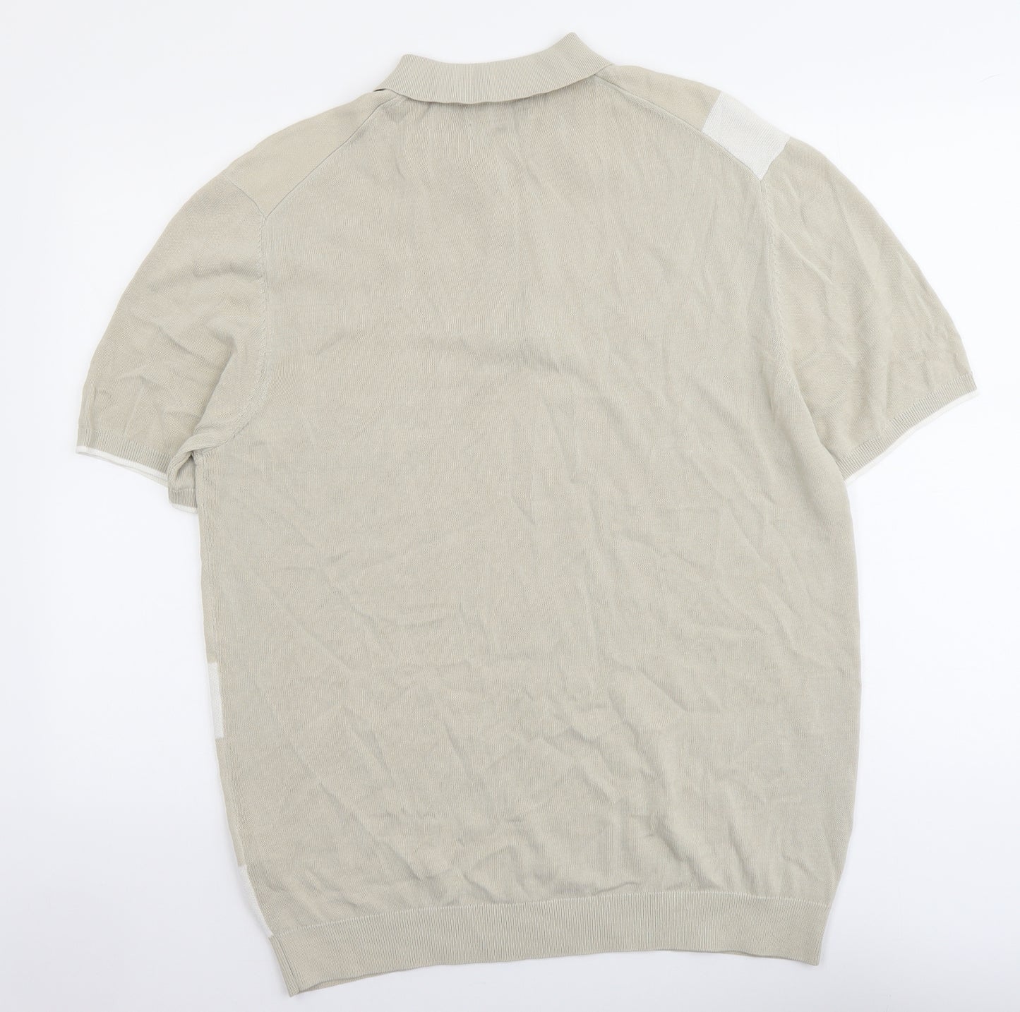 Marks and Spencer Mens Beige Collared Geometric Cotton Pullover Jumper Size XL Short Sleeve