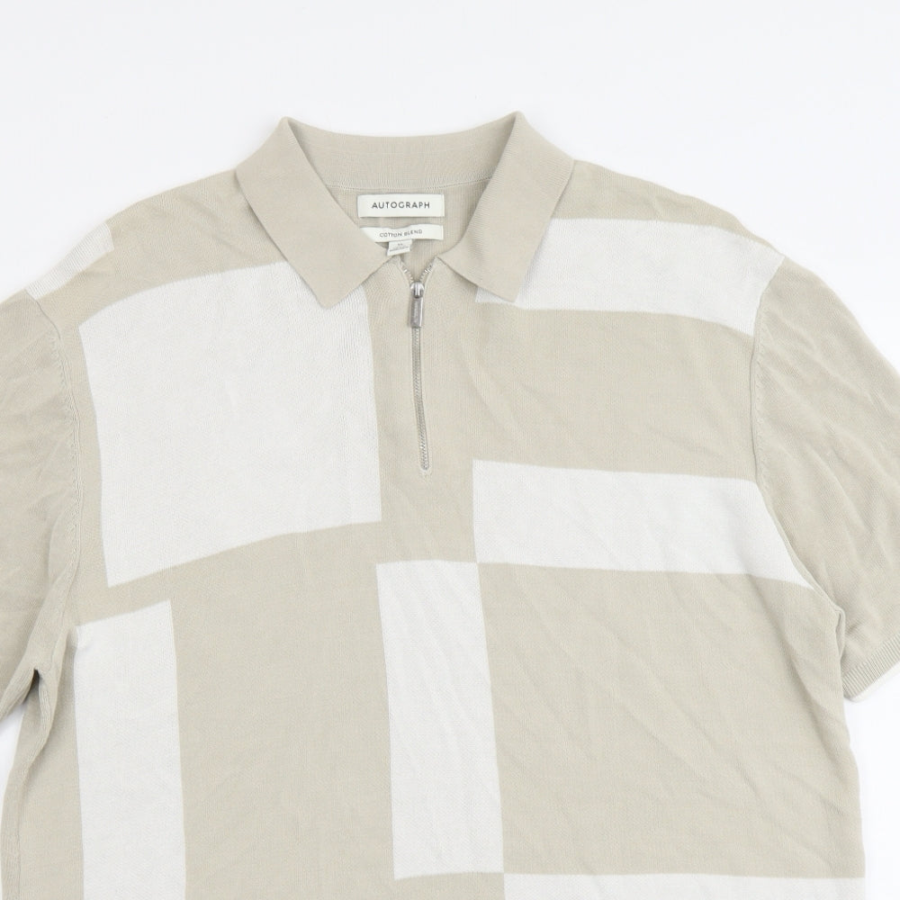 Marks and Spencer Mens Beige Collared Geometric Cotton Pullover Jumper Size XL Short Sleeve