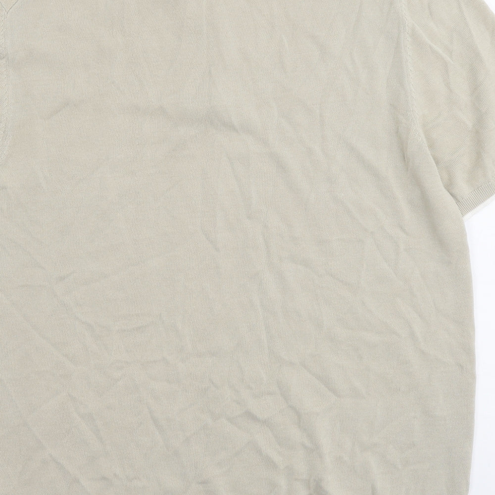 Marks and Spencer Mens Beige Collared Geometric Cotton Pullover Jumper Size XL Short Sleeve