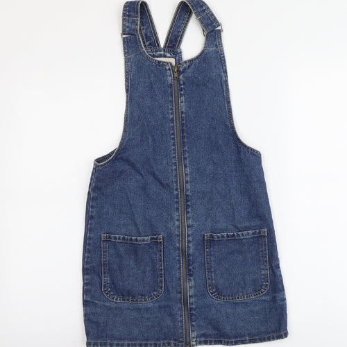 Denim & Co. Womens Beige Cotton Pinafore/Dungaree Dress Size 4 Scoop Neck Zip