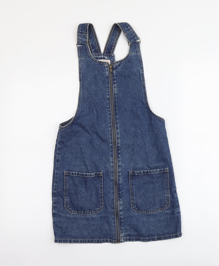 Denim & Co. Womens Beige Cotton Pinafore/Dungaree Dress Size 4 Scoop Neck Zip