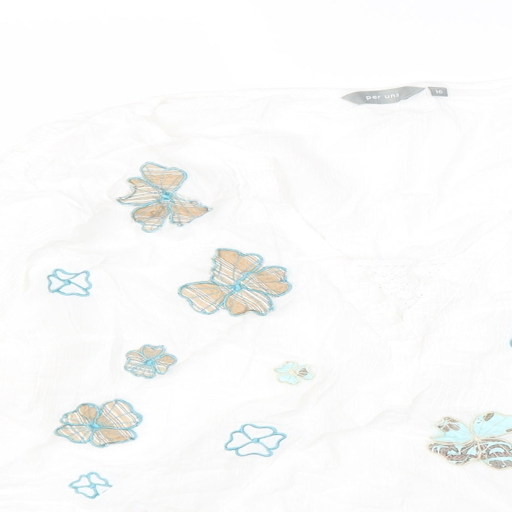 Per Una Womens White Floral 100% Cotton Basic Blouse Size 16 V-Neck