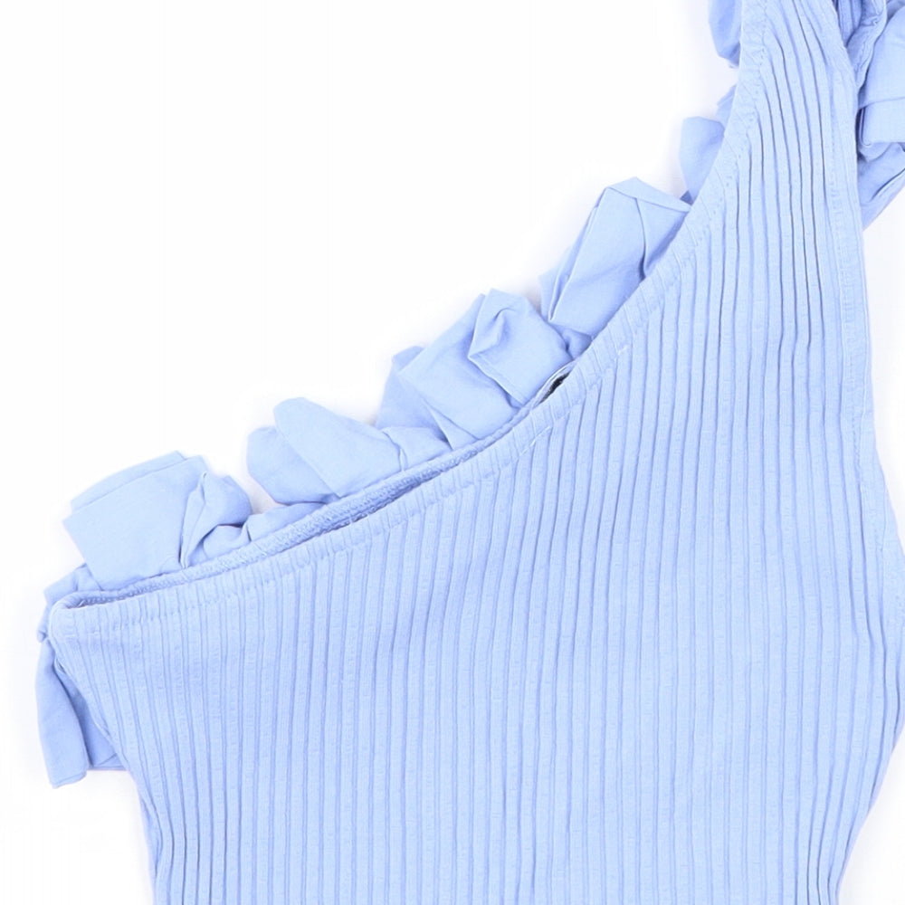 Zara Womens Blue Cotton Cropped Tank Size M One Shoulder