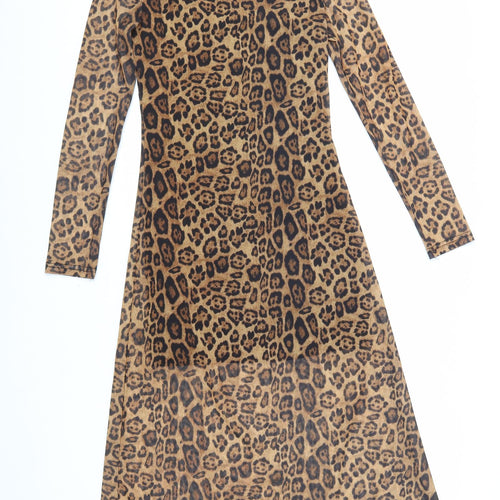 LUC-CE Womens Brown Animal Print Polyester A-Line Size S Round Neck Pullover - Leopard Pattern