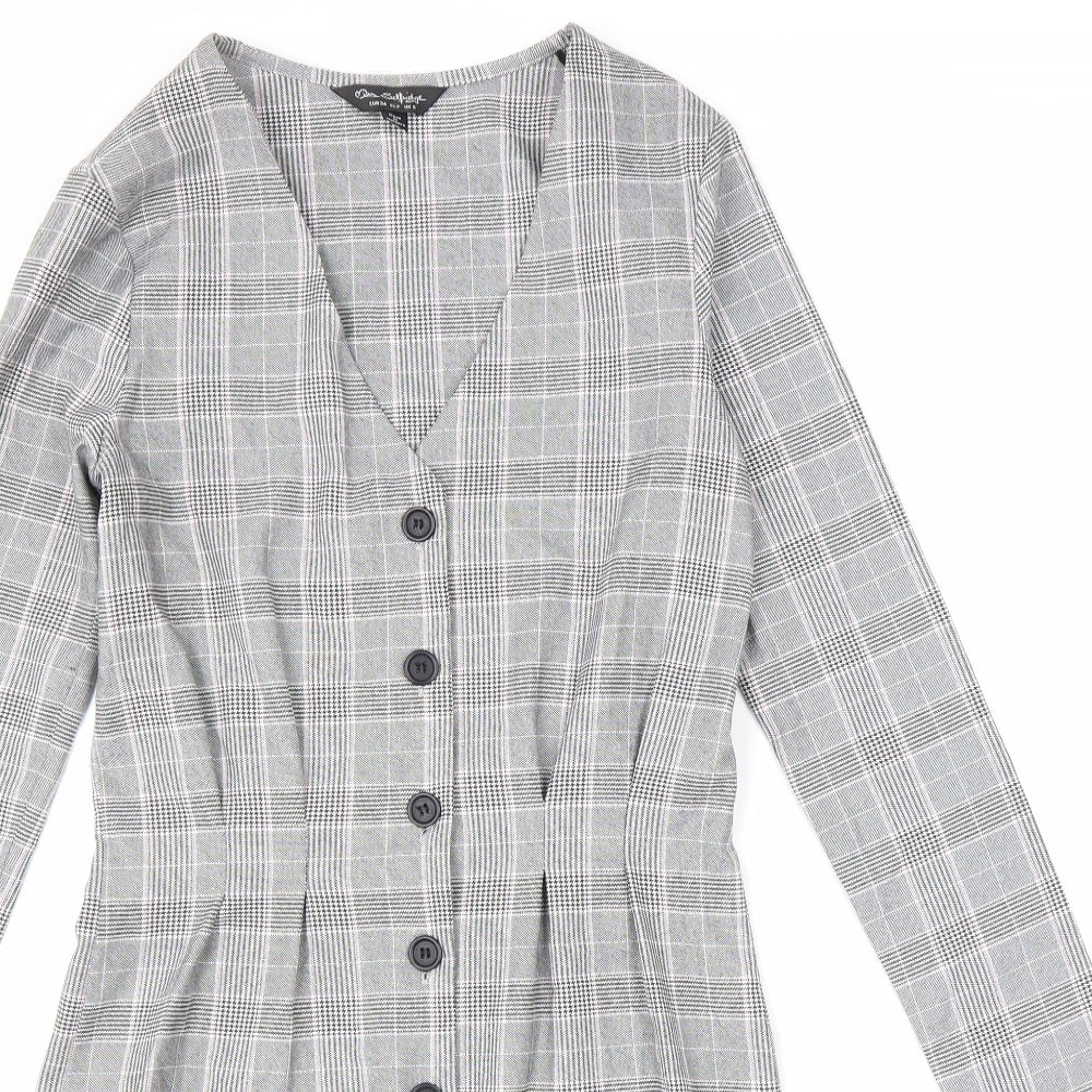 Miss Selfridge Womens Grey Plaid Viscose A-Line Size 6 V-Neck Button