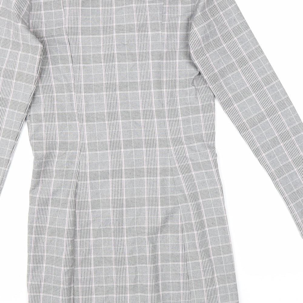 Miss Selfridge Womens Grey Plaid Viscose A-Line Size 6 V-Neck Button