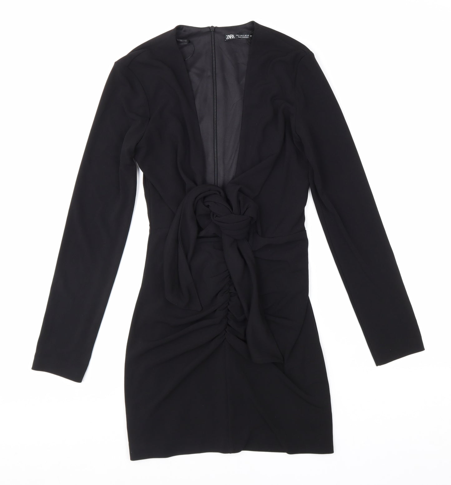 Zara Womens Black Polyester Bodycon Size S V-Neck Zip
