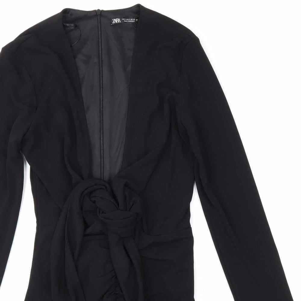 Zara Womens Black Polyester Bodycon Size S V-Neck Zip