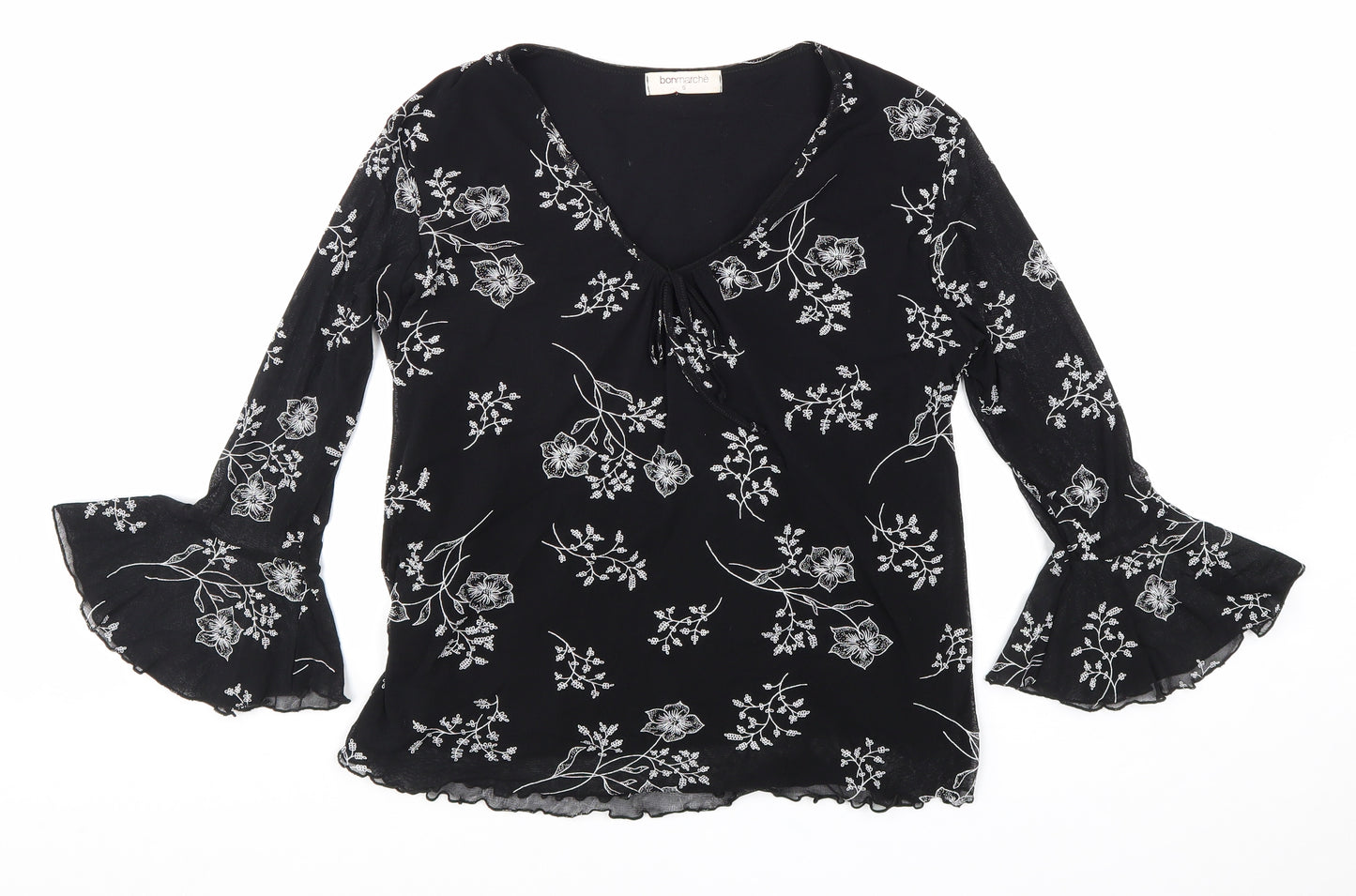 Bonmarché Womens Black Geometric Nylon Basic Blouse Size S V-Neck