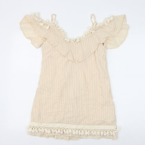 Indikah Womens Beige Striped 100% Cotton Basic Tank Size XS V-Neck