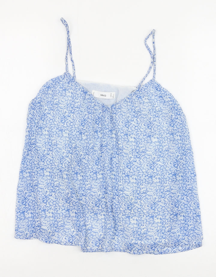 Mango Womens Blue Geometric Polyester Basic Tank Size S V-Neck