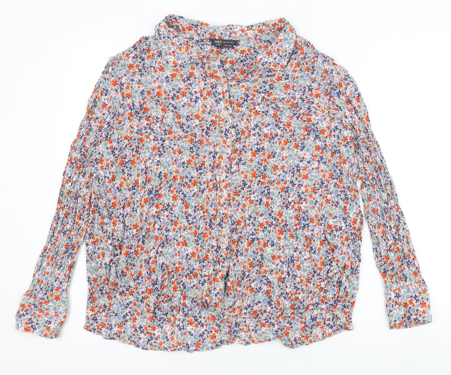 Marks and Spencer Womens Multicoloured Floral Viscose Basic Button-Up Size 12 V-Neck