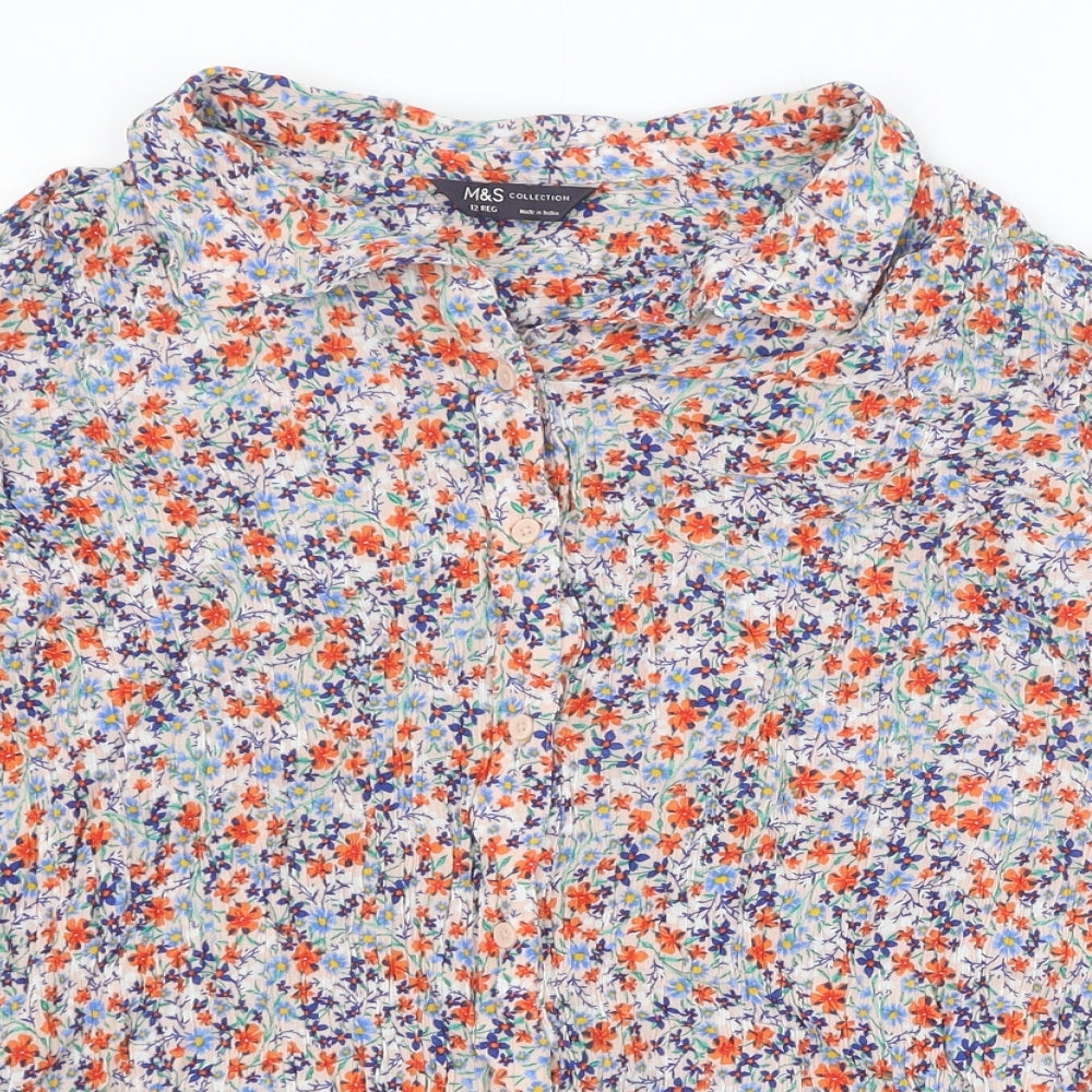 Marks and Spencer Womens Multicoloured Floral Viscose Basic Button-Up Size 12 V-Neck