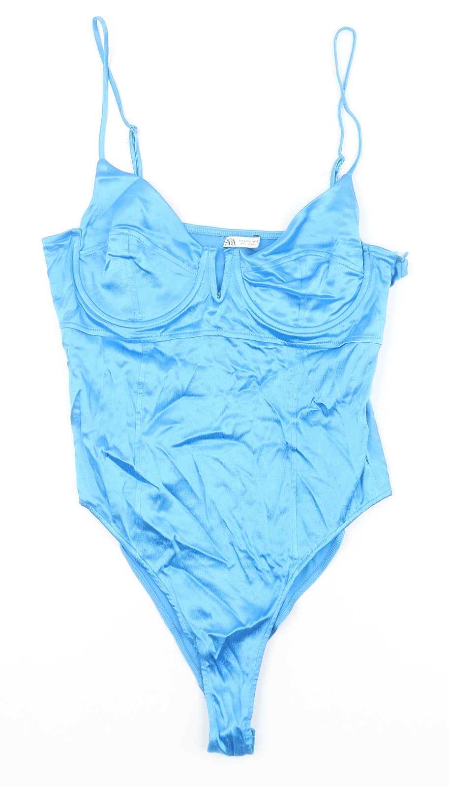 Zara Womens Blue Viscose Bodysuit One-Piece Size L Snap