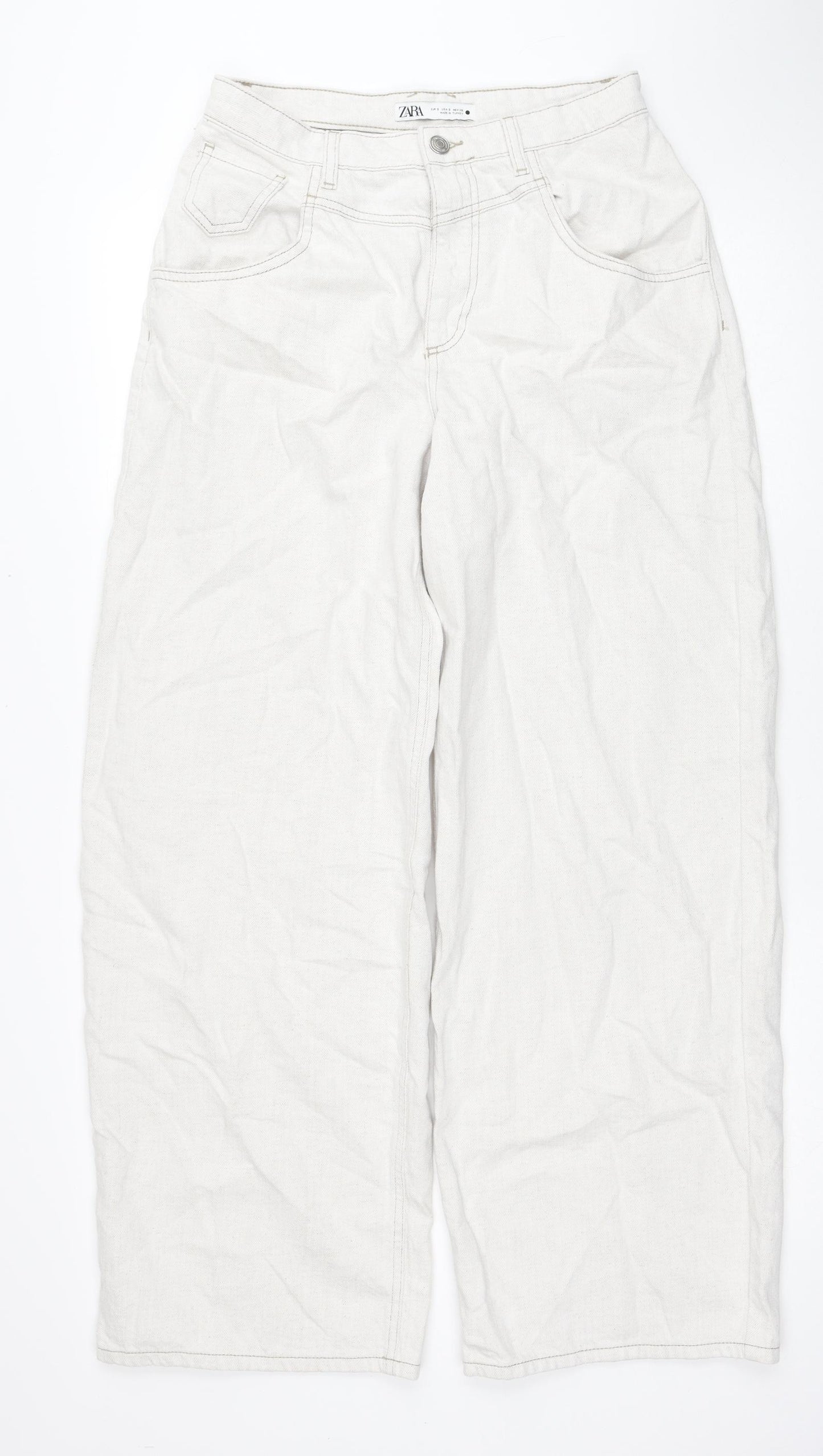Zara Womens Ivory Cotton Wide-Leg Jeans Size S Regular Zip